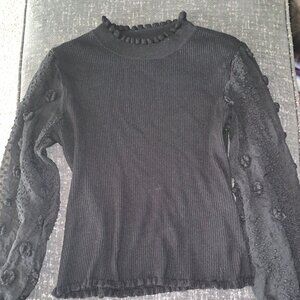 Almost Famous Black Ribbed Top with Sheer Lace Sleeves — Size XL fits like M/L